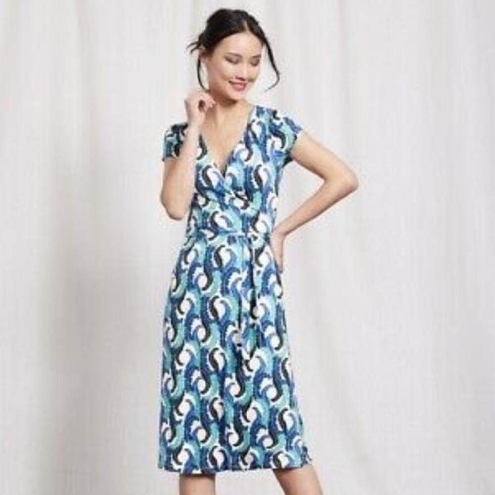 Boden Feather Printed Jersey Knit Dress Size 6 Ruched Waist Blue Preppy Artsy